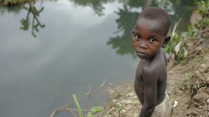 Thirst for Life: An image of a blank-eyed child standing by a dwindling pond that is the only source of drinking water for his family and community --no text --ar 16:9 --quality 0.5 Job ID: 45d294e1