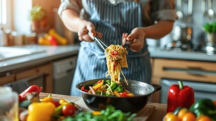 A health-conscious cook using konjac noodles in a vibrant stir-fry dish, surrounded by colorful vegetables in a bright kitchen