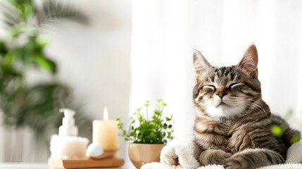 Cat enjoying a serene spa day surrounded by candles and greenery