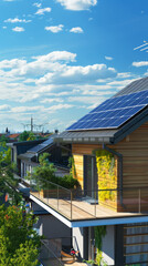 A house with a balcony and a solar panel on the roof