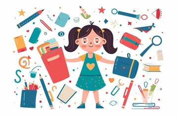 Little girl holding school supplies, surrounded by a variety of educational tools, vector illustration, flat style, white background
