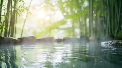 Tranquil natural hot spring with steam rising surrounded by lush green bamboo forest bathed in warm, diffused sunlight creating a serene atmosphere.