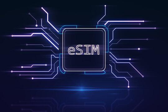 Creative glowing eSim hologram on blurry background. Embedded sim and cellular mobile technology concept. 3D Rendering.