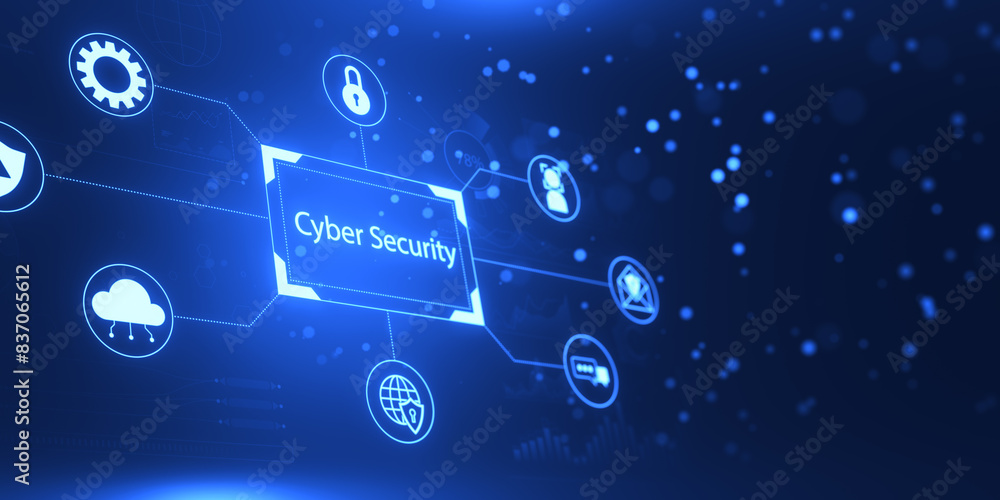 Poster creative digital hologram on blue background. cyber security and protection concept. 3d rendering.