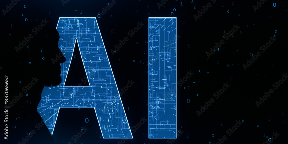 Aufkleber creative glowing AI head outline hologram on dark background with binary coding. Artificial intelligence and technology concept. 3D Rendering.
