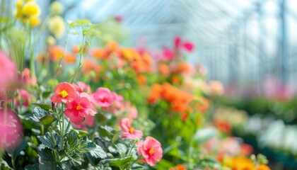 Vibrant flowers in a greenhouse with soft focus background, showcasing a variety of colorful blooms under natural light.