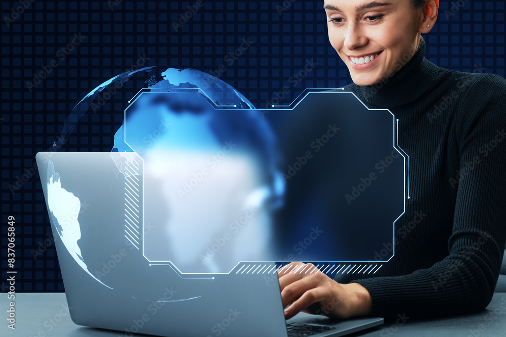 Poster happy young european woman using laptop with creative blue map folder with mock up place. digital co
