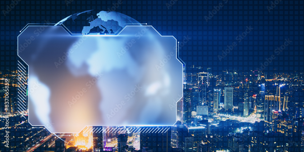 Poster creative blue map folder with mock up place on blurry night city background. digital communication a