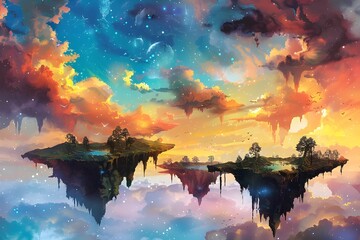 Obraz premium Enchanting Surreal Floating Islands in Vibrant Colorful Sky Dreamscape