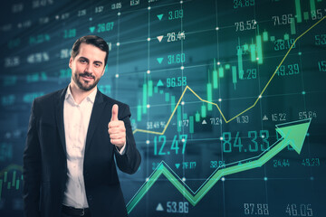 Attractive young european businessman showing thumbs up with growing green forex chart and arrows...