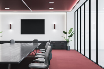 Modern red conference room interior with mock up banner on wall. 3D Rendering.