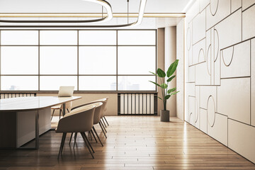 Modern wooden conference room interior with panoramic windows and city view. 3D Rendering.