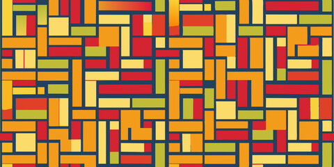 A repeating geometric pattern composed of variously sized rectangles in yellow, orange, red, and blue colors. The rectangles are arranged in a grid-like layout with some overlap