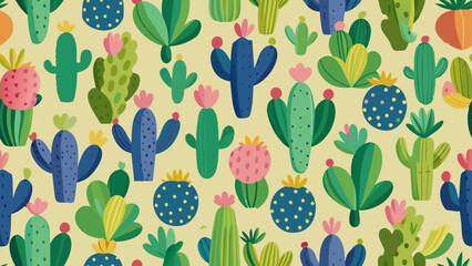 Colorful pattern featuring various styles and shapes of green cacti and pink prickly pears, arranged on a light beige background. Each cactus has different shades of green and unique textures