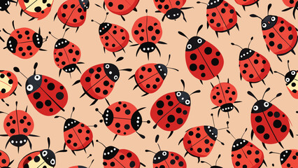 A pattern of illustrated red and black ladybugs with varying sizes and spot patterns scattered on a light peach background.