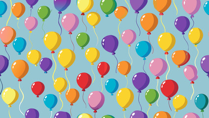 Illustration of numerous colorful balloons in shades of red, yellow, blue, green, purple, and pink floating on a light blue background. The balloons are evenly dispersed