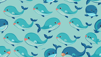 A seamless pattern featuring cartoon whales of various shades of blue on a light blue background. The whales are smiling and have different playful expressions