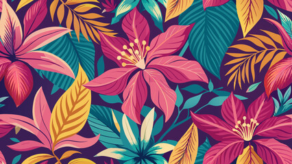 A vibrant floral pattern with large pink, yellow, and white flowers surrounded by green and blue tropical leaves against a dark purple background.