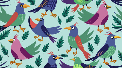 Colorful seamless pattern featuring stylized birds with varied plumage in shades of blue, green, pink, and purple, surrounded by green leaves on a light blue background.