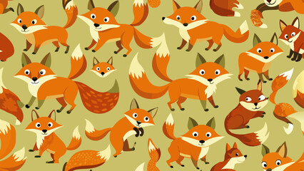 Seamless pattern of cartoon foxes in various playful poses, with bushy tails and expressive faces, set against a light green background.