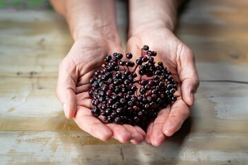 hands with handful of elderberries, 