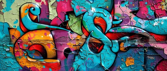 Vibrant and Dynamic of Colorful Urban Graffiti Wall Art with Glowing Neon Abstract Swirling Lines and Bold Collaged Elements