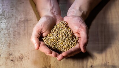 close-up on hands holding charoli on a wooden table