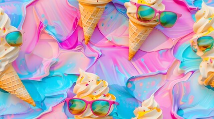 Obraz premium Vibrant and Playful Ice Cream Cones with Sunglasses Enjoying a Sunny Beach Day in Impressionist Style