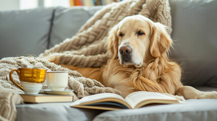a golden retriever is lying on the couch with a book