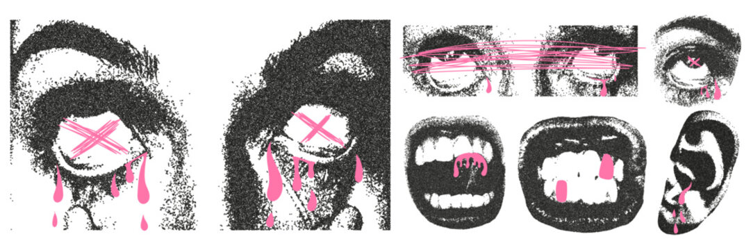 Retro grunge collage with a photocopy effect and pink scribbles. Creepy face with white eyeballs, mouth in a grin, ear, eyes. Dot texture and stipple effect.