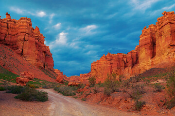 View of the Charyn Canyon at sunset. South-Eastern Kazakhstan.