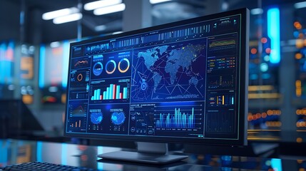 A computer monitor equipped with an abstract network monitoring dashboard displays technology and data analysis with a photograph, providing vivid graphs and real-time data analysis.