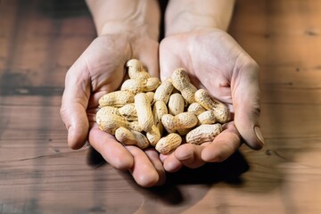 close-up on hands holding peanuts on a wooden table