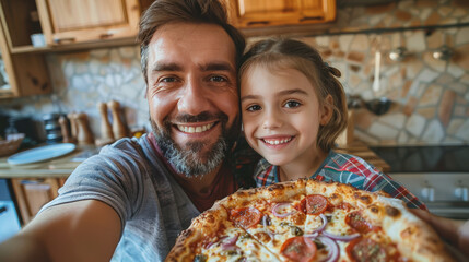 Father and daughter making pizza together and taking selfie.