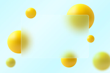 Template of credit card, glass morphism. Transparent glass card and yellow spheres with blur effect.