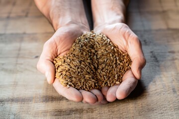 handful of rye on a wooden table, hands holding