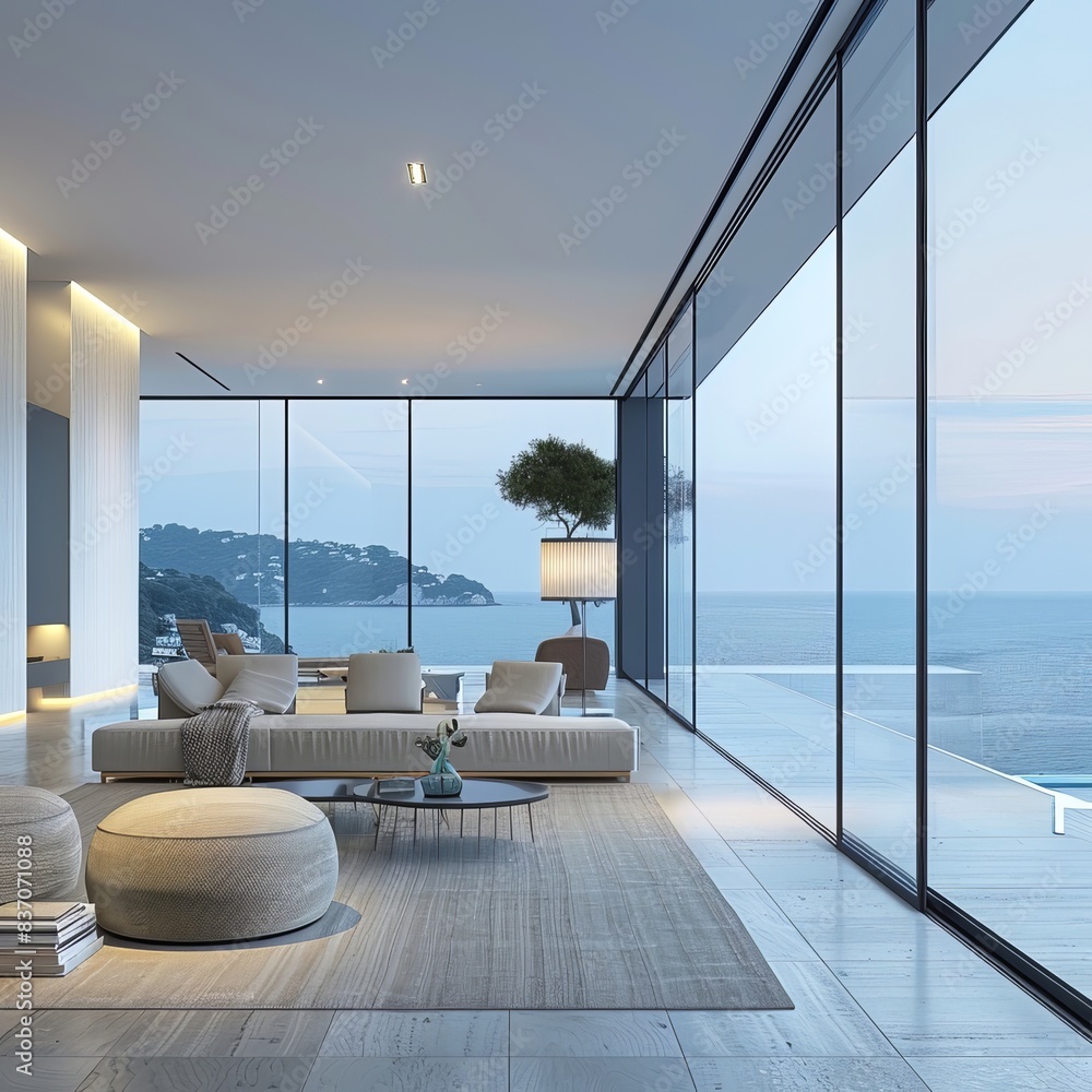 Sticker This sleek modern living room boasts a stunning ocean view, perfect for abstract, luxury real estate wallpaper or background best-seller imagery