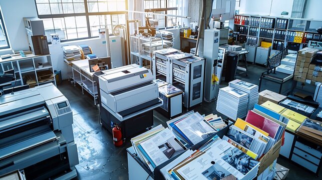 Modern Print Shop with Digital Printers, Cutting Machines, and Brochure Catalogs Stacks