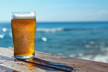 Cold Beer Glass with Dew Drops - Scenic Ocean Backdrop on a Sunny Day