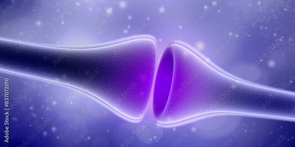 Poster 3d rendering synapse and neuron cells sending electrical chemical signals