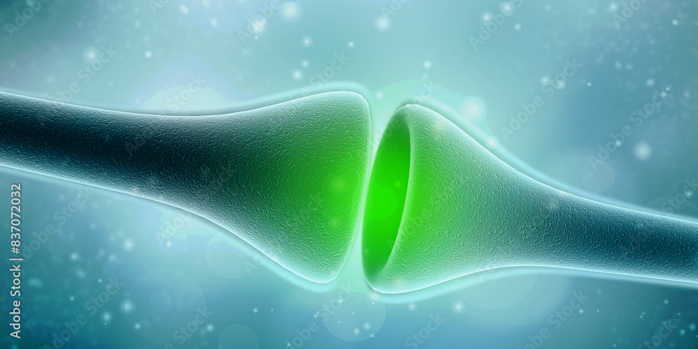 Poster 3d rendering synapse and neuron cells sending electrical chemical signals