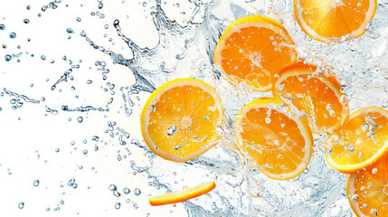 Orange fruits sliced and mixed with leaves and watersplashes against a whitebackground. The vibrant, juicy citrus design highlights freshness and color, depicted with AI generative.