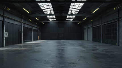 Empty industrial garage scene, simple and non-busy, dark grey and blacks, dramatic lighting 
