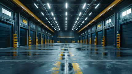 Obraz premium Empty industrial garage scene, simple and non-busy, dark grey and blacks, dramatic lighting 