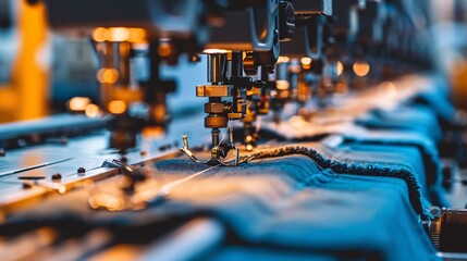 Precision Sewing Machines and Colorful Fabric Bolts in Industrial Workshop for Clothing Manufacturing Line