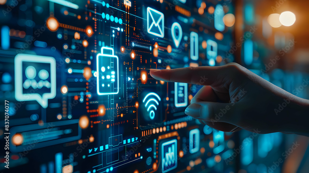 Poster close-up of a hand interacting with digital interface, depicting futuristic technology and data comm