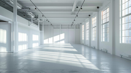 A wide shot of a large, open, modern, minimal and bright hanger with no tables 