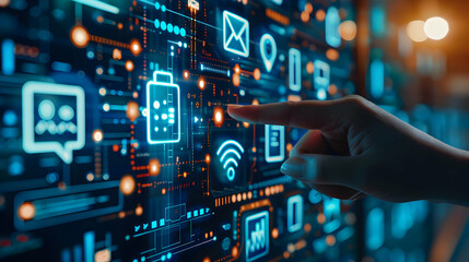 Obraz premium Close-up of a hand interacting with digital interface, depicting futuristic technology and data communication concepts.