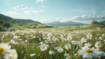 Obraz premium A field of white flowers with a blue sky in the background