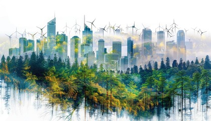 Obraz premium Harmony of Nature and Technology: Thriving Forest Blends with Green City Powered by Wind and Solar Energy